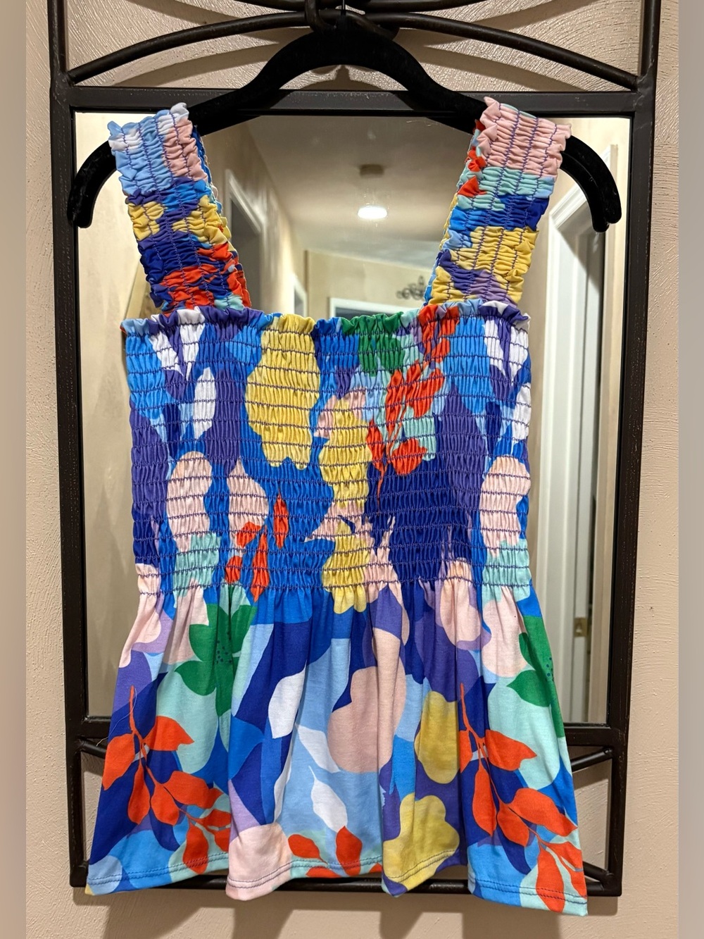 NWT BiBi Multicolor Floral Smocked Tank Top in Blue, Yellow & Orange Size L